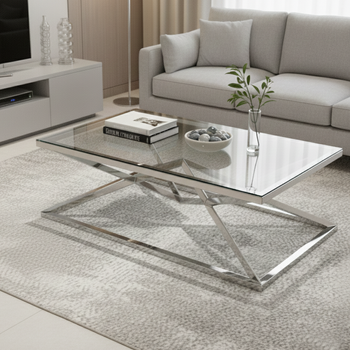 Măsuță de cafea Diamond din oțel inoxidabil cu sticlă securizată transparentă - modernă și elegantă