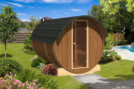 Záhradná sauna EDA 330 – priestranná prémiová sauna pre 6–10 osôb s elektrickými alebo drevom vykurovanými kachľami, pre harmóniu a blízkosť k prírode