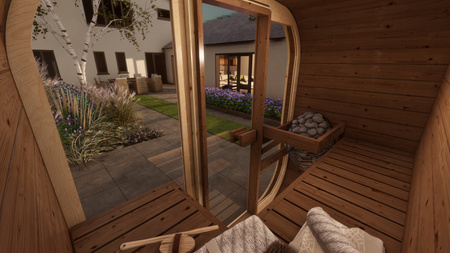 Saună exterioară AMORA pentru 3-4 persoane cu sobă Harvia Vega + cadouri | cosmetice + accesorii pentru saună | saună finlandeză | Thermowood | lemn tratat termic