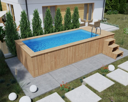 Fából készült medence polipropilén betéttel 580cm x 240cm (THERMO WOOD) - modern, tartós kerti medence