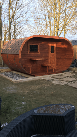 Zunanja klasična ovalna savna za 5 oseb / Harvia Harvia električni štedilnik ali štedilnik na drva Harvia / visokokakovostna toplotno obdelana skandinavska smreka | Wellness | Relax | Spa | Skandinavski slog | Za družino in prijatelje