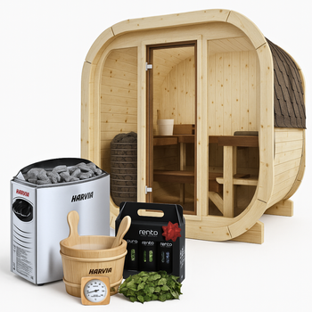 Eke 160 ulkosauna 3-4 hengelle sarjassa Harvia Vega -kiukaan kanssa + ilmainen kosmetiikka + saunatarvikkeet | Suomalainen sauna | thermwood | lämpöpuu | lämpöpuu