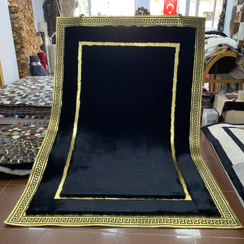 Luxury Black Genuine Sheepskin Rug with Gold Accents - Elegant Premium Versace Style Rug, Handmade - Ideal for Living Room and Bedroom