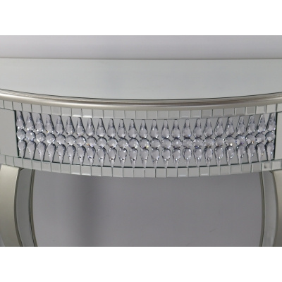 Halvrundt glamour-konsolbord i glas 120×40×80 cm – spejl, sølvfarvet, krystaldetaljer