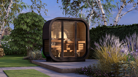 Udendørs sauna AMORA til 3-4 personer med Harvia Vega saunaovn + gaver | kosmetik + sauna tilbehør | finsk sauna | Thermowood | termisk modificeret træ