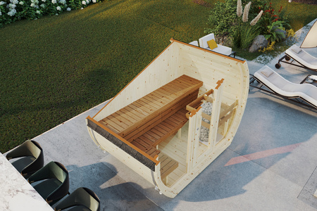 Sauna zewnętrzna SUSI dla 2-3 osób w zestawie z piecem do sauny Harvia Vega + gratisy | kosmetyki + akcesoria do sauny | sauna fińska | thermwood | Drewno Termiczne