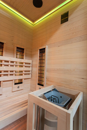 MO-EA2R-M COMBO Infrarot-/Finnische Sauna mit HARVIA 3,5 kW-Ofen und Salzstein | Wellness | Relax | SPA | Eleganter Minimalismus | Thermoholz