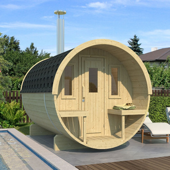 Sodo pirtis "Barrel 250" 4 vietų / elektrinė krosnelė "Harvia Harvia" arba malkinė "Harvia" / aukštos kokybės skandinaviška eglė (Thermwood) | Sveikatingumas | Atsipalaidavimas | SPA | Relaksacija | Natūrali mediena | Paruošta montavimui