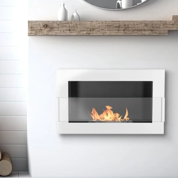 Væghængt bioethanolpejs med glas 650x400 – blank hvid, indendørs bioethanolpejs