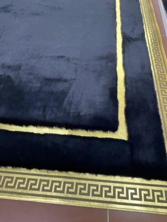 Luxe Zwart Echt Schapenvacht Vloerkleed met Gouden Accenten - Elegant Premium Vloerkleed in Versace Stijl, Handgemaakt - Ideaal voor Woonkamer en Slaapkamer