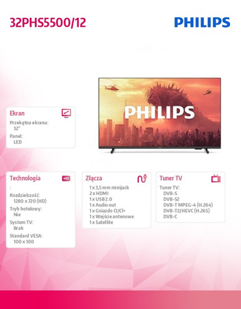 Philips 32PHS5500/12 LED 32 collu televizors - HD, HDR10, DVB-S2, HDMI, USB - ideāli piemērots mājās, birojā un guļamistabā - augstas kvalitātes attēls un skaņa