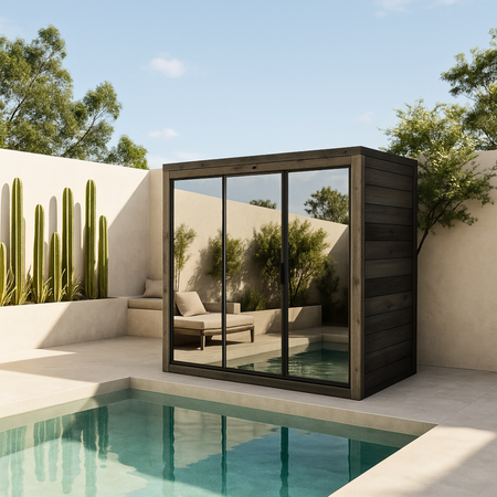 Bali M Havesauna Limited Sort Version Med spejlglas Thermowood - Rummelig Udendørs Sauna til 3 Personer med Elvarmer, Perfekt til Afslapning i Haven