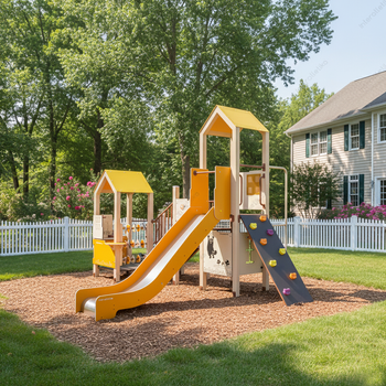 Orange legepladsområde for børn med rutsjebane, klatrevæg og meget mere