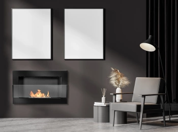 Wandhängender Bioethanolkamin mit Glas 650x400 – Schwarz glänzend, moderner Bioethanolkamin