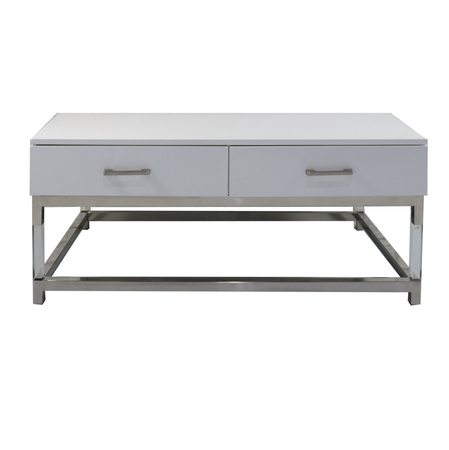 Royalton White Coffee Table – elegant white MDF top, acrylic and stainless steel