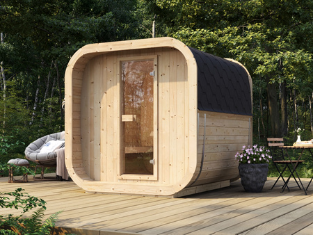 Icon 200 S udendørs sauna til 4 personer / Elektrisk eller brændefyret Harvia komfur / Skandinavisk gran af høj kvalitet (Thermowood)