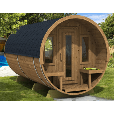 Sudová Sauna 400 Delux (Polmesiac Sklo) Vonkajšia pre 4 osoby / Elektrický Ohrievač alebo Ohrievač na Drevo Harvia 400 / Vysokokvalitný Škandinávsky Smrek (Thermowood)