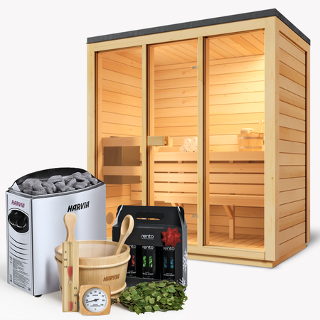 Set Saună de Grădină BALI M pentru 3 Persoane | Modernă | Finlandeză | Vitrată | cu Sobă Harvia Vega 4,5 kW | Pachet de Accesorii Gratuit