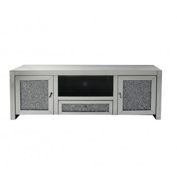 ALLURE – glas‑TV‑bänk, transparent med kristaller (150×55×40 cm)