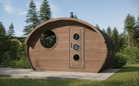 Sauna ovale da esterno Frodo 240 per 8 persone / Stufa elettrica o a legna Harvia / Abete rosso scandinavo di alta qualità trattato termicamente