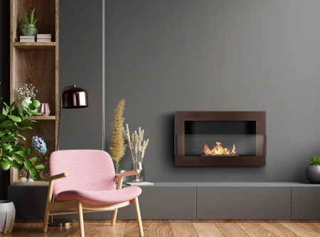 Wall-hung bio-fireplace with glass 650x400 – matte structural brown, bio-ethanol fireplace for interiors
