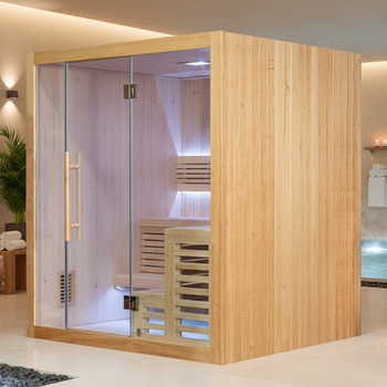 Saună uscată mare cu aragaz HARVIA 6 kW | Geam panoramic | Lemn natural