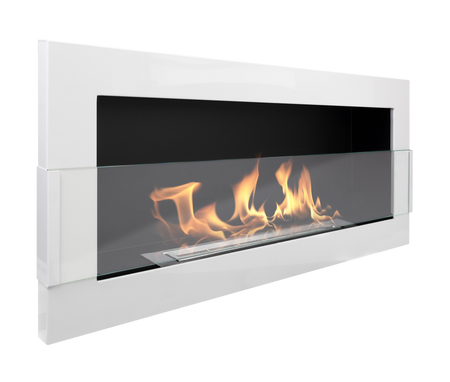 Lareira a bioetanol de parede 900x400 com vidro - branco brilhante, lareira a bioetanol moderna