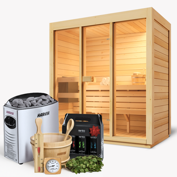 Sett Innendørs hjemmespa Bali M for 3 personer | moderne | finsk | med glassvegger | med Harvia Vega 4,5 kW ovn | tilbehørspakke gratis