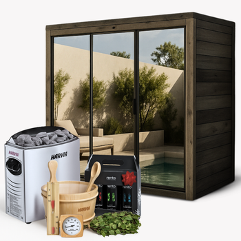 Välimine saun Bali M piiratud must versioon peegelklaasiga Thermowood 3 inimesele | moodne | Soome | klaasitud | Harvia Vega kerisega | tarvikupakett tasuta