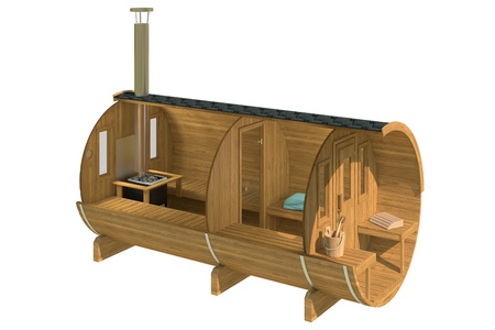 Barrel Sauna 400 Delux (Halvmåneglas) Udendørs til 4 personer / Elektrisk eller brændeovn Harvia 400 / Skandinavisk gran af høj kvalitet (Thermowood)