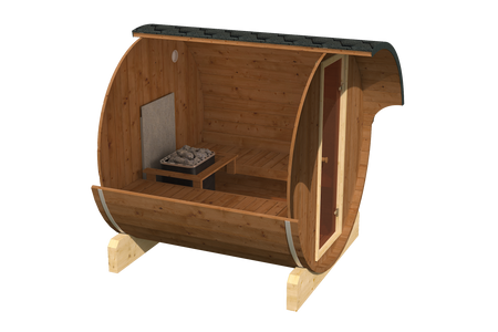 Saună de grădină Baril EDA 220 cu 4 locuri / Soba electrică Harvia sau arderea lemnului Harvia / molid scandinav de înaltă calitate (Thermwood) | Wellness | Relaxare | SPA | Wellness | Relaxare | SPA | Panoramic Glass | Home SPA