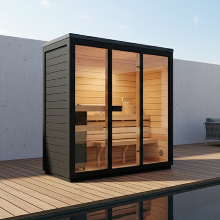 Bali M Limited Edition Thermowood Black Gartensauna – Geräumige Außensauna für 3 Personen mit Elektroheizung, perfekt zum Entspannen im Garten