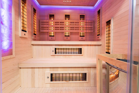 MO-EA4R-M COMBO Sauna infrarroja/finlandesa con calentador HARVIA de 8 kW y piedra de sal | Wellness | Relax | SPA | Madera Natural | Lista para Montar