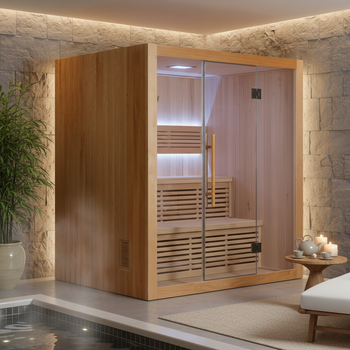 Sausā sauna 4 personām ar HARVIA 6 kW plīti 180 x 140 x 200 cm | Wellness | Relax | SPA | Panorāmas stikls | Ģimenei un draugiem