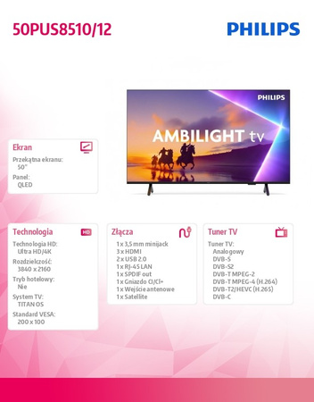 Philips 50PUS8510/12 QLED 50 collu 4K HDR Ambilight televizors - viedtelevīzija ar Dolby Atmos un DTS:X, TITAN OS, Bluetooth un Wi-Fi, ideāli piemērota viesistabām