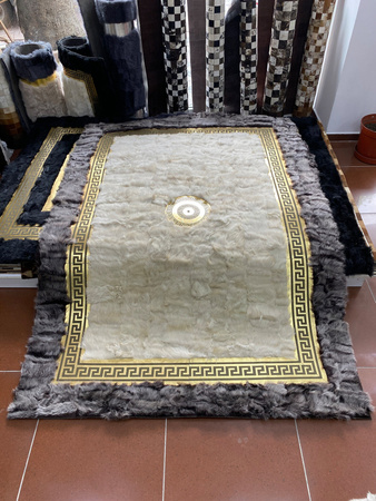 White and Grey Luxury Genuine Sheepskin Rug with Gold Accents - Handmade Premium Versace Style Rug for Living Room and Bedroom