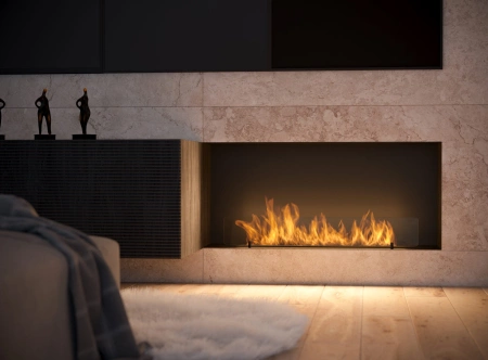 Inside C1000 v1 Biofireplace — built-in fireplace for a recess with LONGFIRE 800 burner, flame control