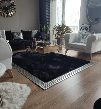 Luxe handgemaakt vloerkleed - zwart pluche vloerkleed met goudpatroon zacht, elegant, uniek in VERSACE STYLE