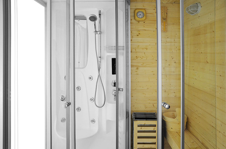 MO-1706 TRIO, saună uscată, saună cu aburi și cabină de duș 165X105X215CM | Minimalism elegant | Lemn natural