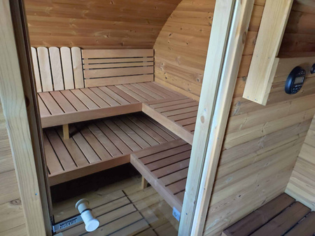 Sauna Owalna Frodo 300 Zewnętrzna dla 8 osób / Piec Elektryczny Harvia Harvia lub Opalany Drewnem Harvia / Wysokiej Jakości Świerk Skandynawski Poddany Obróbce Termicznej | Wellness | Relax | SPA | Domowe SPA | Luksusowy Relaks