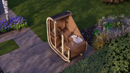 Udendørs sauna AMORA til 3-4 personer med Harvia Vega saunaovn + gaver | kosmetik + sauna tilbehør | finsk sauna | Thermowood | termisk modificeret træ