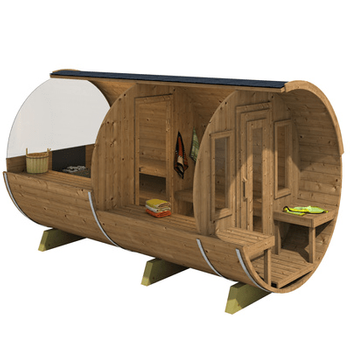 Sauna de barril 400 De Lujo (vidrio en forma de media luna) para exterior 4 personas / Estufa eléctrica o de leña Harvia 400 / Abeto escandinavo de alta calidad (Thermowood) | Wellness | Relax | SPA | Vidrio Panorámico | Estilo Escandinavo