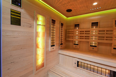 MO-EA4R-M COMBO Sauna infrarroja/finlandesa con calentador HARVIA de 8 kW y piedra de sal | Wellness | Relax | SPA | Madera Natural | Lista para Montar