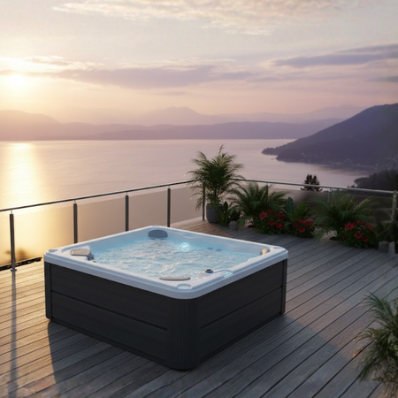 Modern OF-6002 pezsgőfürdő – 6 személyes kerti spa LED világítással és Bluetooth-szal