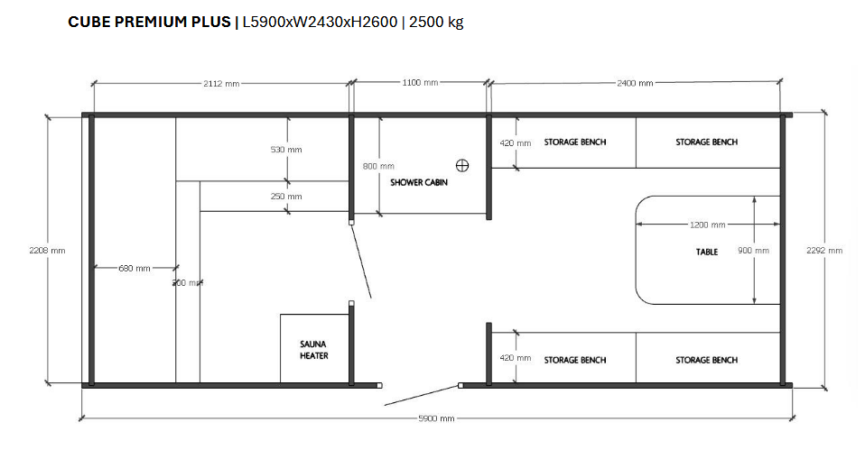 Sauna Cube Premium Plus – teknisk tegning