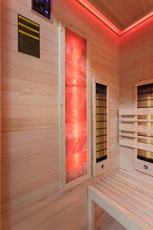 MO-EA2R-M COMBO Infrarot-/Finnische Sauna mit HARVIA 3,5 kW-Ofen und Salzstein | Wellness | Relax | SPA | Eleganter Minimalismus | Thermoholz
