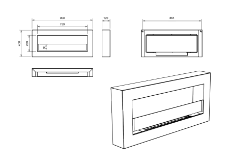 Vegghengt bioetanolpeis med glass 900×400 Box, svart strukturmatt – redefinert komfort