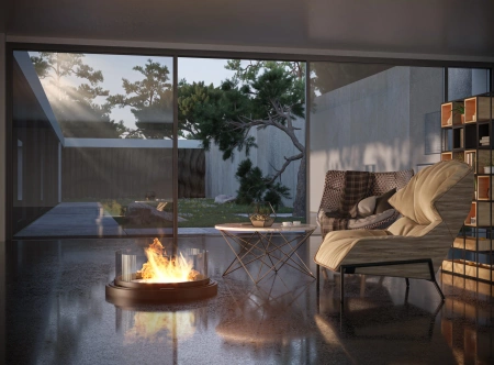 Round bioethanol fireplace 360° INROUND — base with decorative pipe, burner Ø500 mm (4 l), semicircular glass,