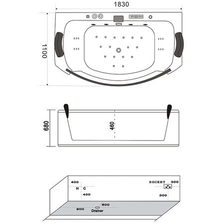 Whirlpool-Badewanne mit Heizung SUPREMA 664H 185×110 – geräumig für zwei Personen, weiß