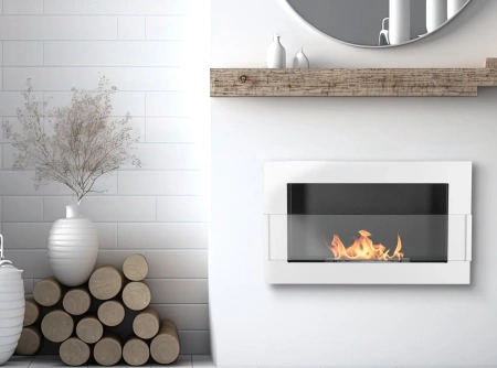 Επιτοίχιο τζάκι βιοαιθανόλης με γυαλί 650x400 – γυαλιστερό λευκό, τζάκι βιοαιθανόλης εσωτερικού χώρου